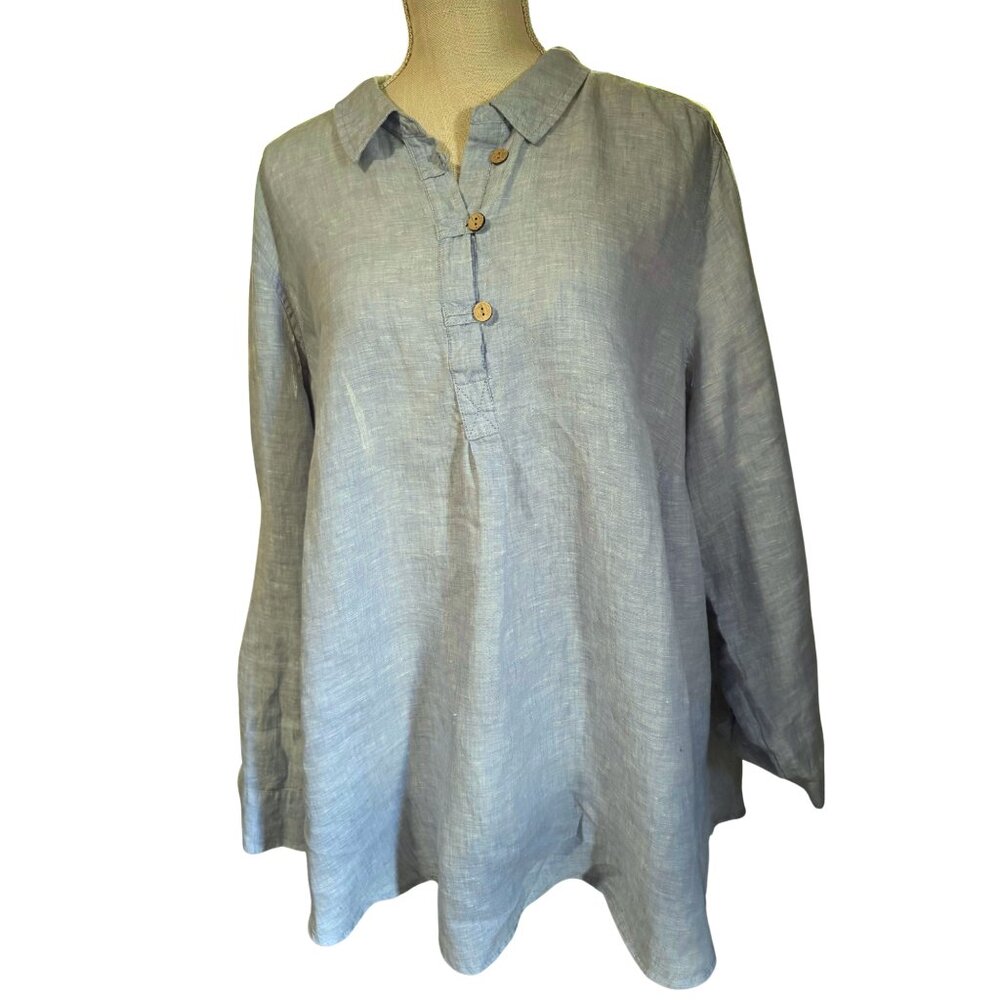 Cynthia Rowley 100% Linen Tunic Top | Plus 2X | Chambray Blue Roll Tab Sleeve